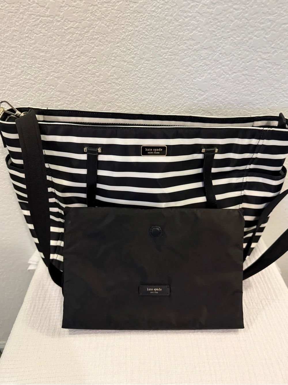 Kate Spade New York Black White Stripe Nylon Diaper Bag + Changing Pad